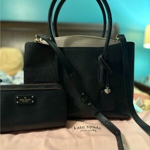 Kate Spade Black Taupe Margaux Pebbled Leather Satchel bag w/wallet and duster